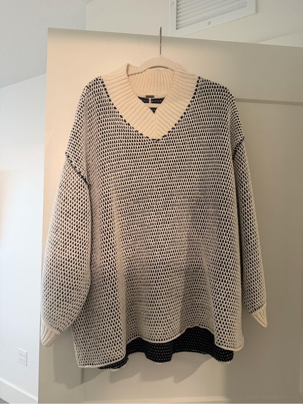 Free People Cream and Black Open-Weave V-Neck Sweater
